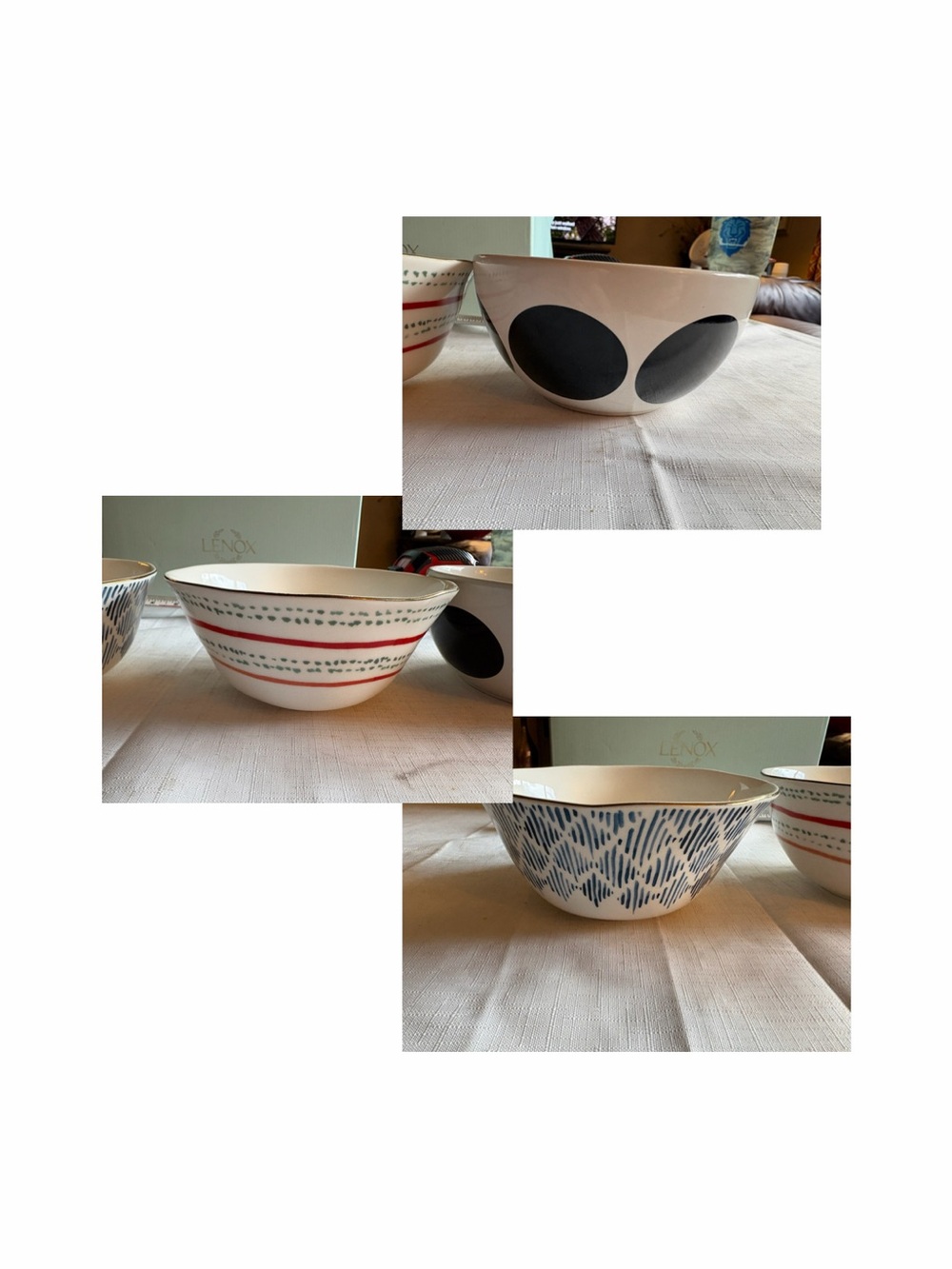 Lenox Ceramic Bowl Trio — White with Blue, Black, and Red Accents